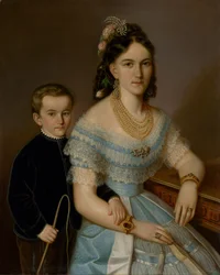 Portret van Ľudmila Zmeškalová, geboren Pongráczová, met haar zoon Jozef